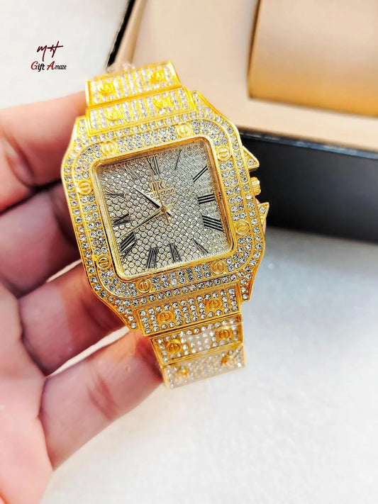 Crystal studded fashion watch with Roman numeral dial - side angle