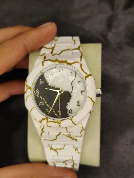 Luxury White Marble Quartz Watch for Men | Premium Analog Wrist Watch with Gold Accents