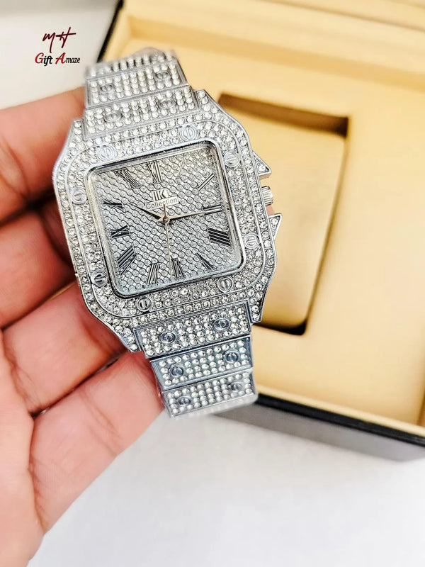 Luxury crystal studded gold wrist watch for men and women - front view
