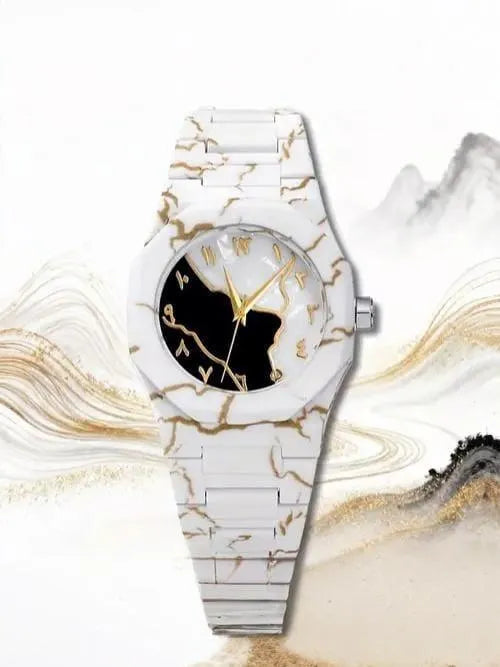 Luxury White Marble Quartz Watch for Men | Premium Analog Wrist Watch with Gold Accents